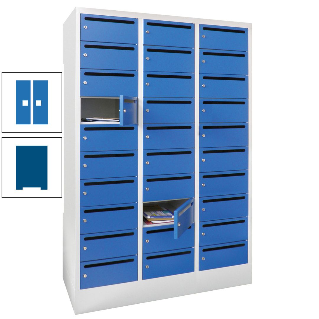 Postverteilerschrank, Schließfachschrank, 3 Abteile a 300 mm, 30 Fächer, 1.850 x 900 x 500 mm (HxBxT), Korpus anthrazitgrau, Front anthrazitgrau