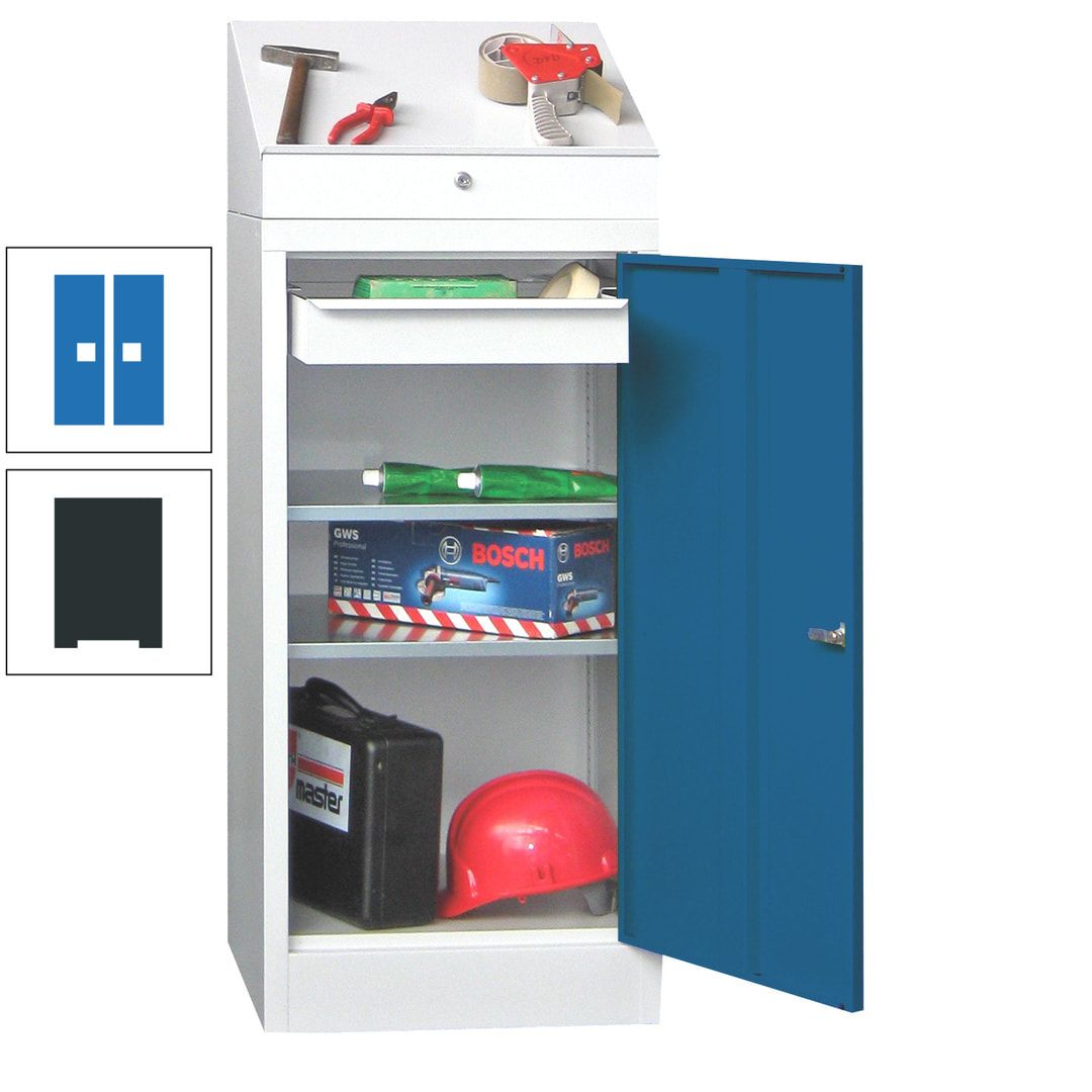 Stehpult mit Schrank - Vollblechtür - 1 Einlegeboden, 1 Ausziehboden, 1 Schublade - 1.270x500x500 mm (HxBxT) - anthrazitgrau
