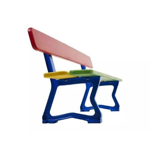 Kindersitzbank, Sitzbank, 270 x 1.500 mm (HxB), Tropenholz mehrfarbig, Stahlguss verzinkt, beschichtet in enzianblau, auf Bodenplatten