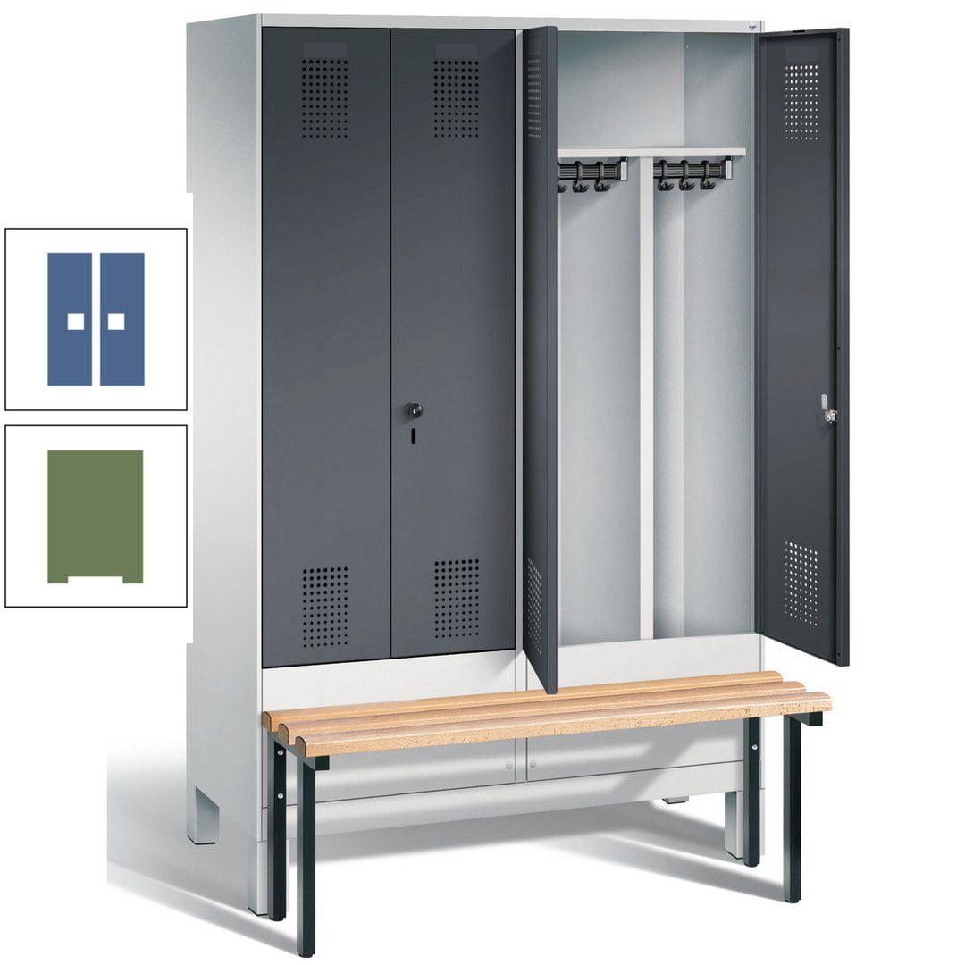 Doppel-Spind, Garderobenschrank, Buche Sitzbank vorgebaut, 4 Abteile a 300 mm, Korpus feuerrot, Tür Wasserblau, 1.850 x 1.200 x 815 mm (HxBxT)