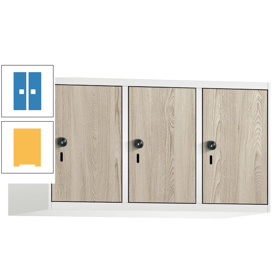 Aufsatzschrank, Schrankaufsatz, 3 Fächer a 300 mm, Farbe Pastellgelb, Tür anthrazitgrau, 500 x 900 x 500 mm (HxBxT)