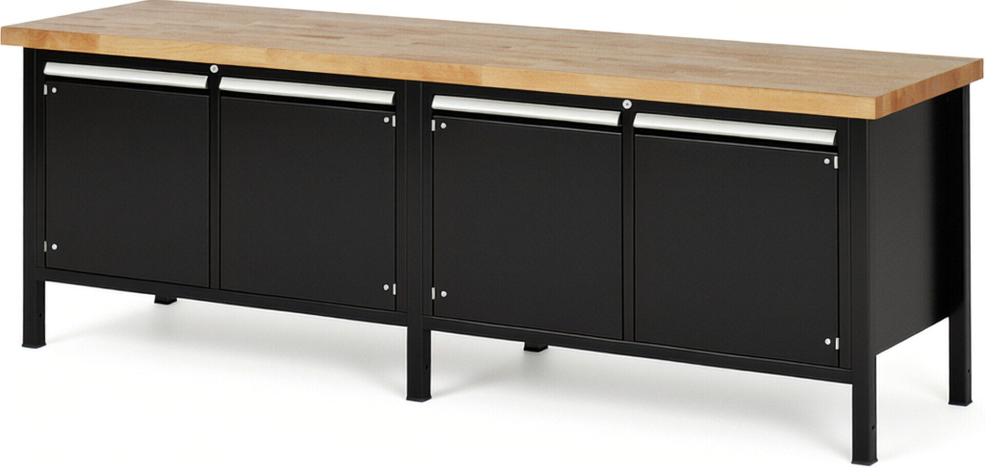Werkbank mit 4 Schränken - höhenverstellbar 840-1.040 mm - 2.500 x 700 mm (BxT) - Traglast 1.250 kg - Buche - Anthrazitgrau