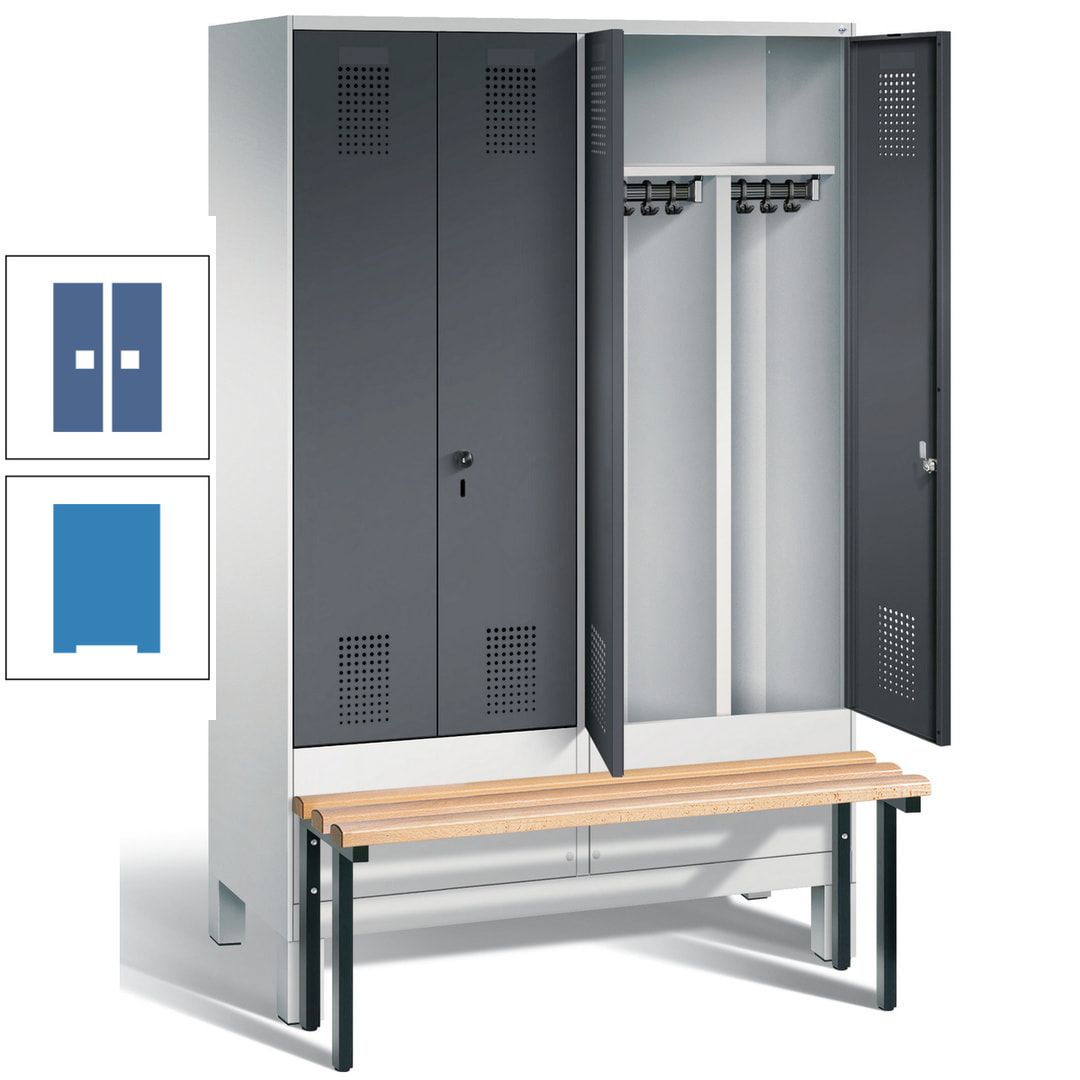 Doppel-Spind, Garderobenschrank, Buche Sitzbank vorgebaut, 4 Abteile a 300 mm, Korpus feuerrot, Tür Wasserblau, 1.850 x 1.200 x 815 mm (HxBxT)