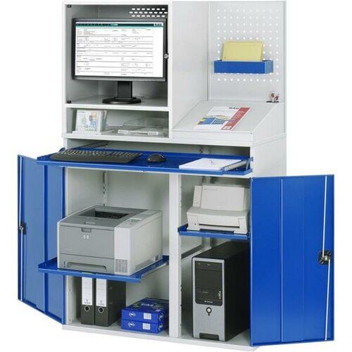 Computer-Arbeitsstation, erweiterbar, Monitorgehäuse, Sichtfenster, Schreibaufsatz, Lochblech, Trennwand, Auszugboden - Anthrazitgrau