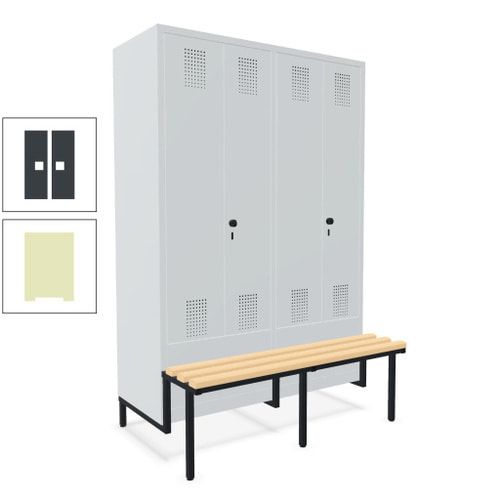 Doppel-Spind, Garderobenschrank, Buche Sitzbank integriert, 4 Abteile 300 mm, Korpus anthrazitgrau, Tür anthrazitgrau, 1.850 x 1.200 x 815 mm (HxBxT)