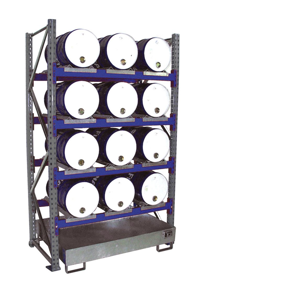 Fassregal mit Auffangwanne - für 12 x 60 Liter Fässer - 4 Etagen - Anbauregal