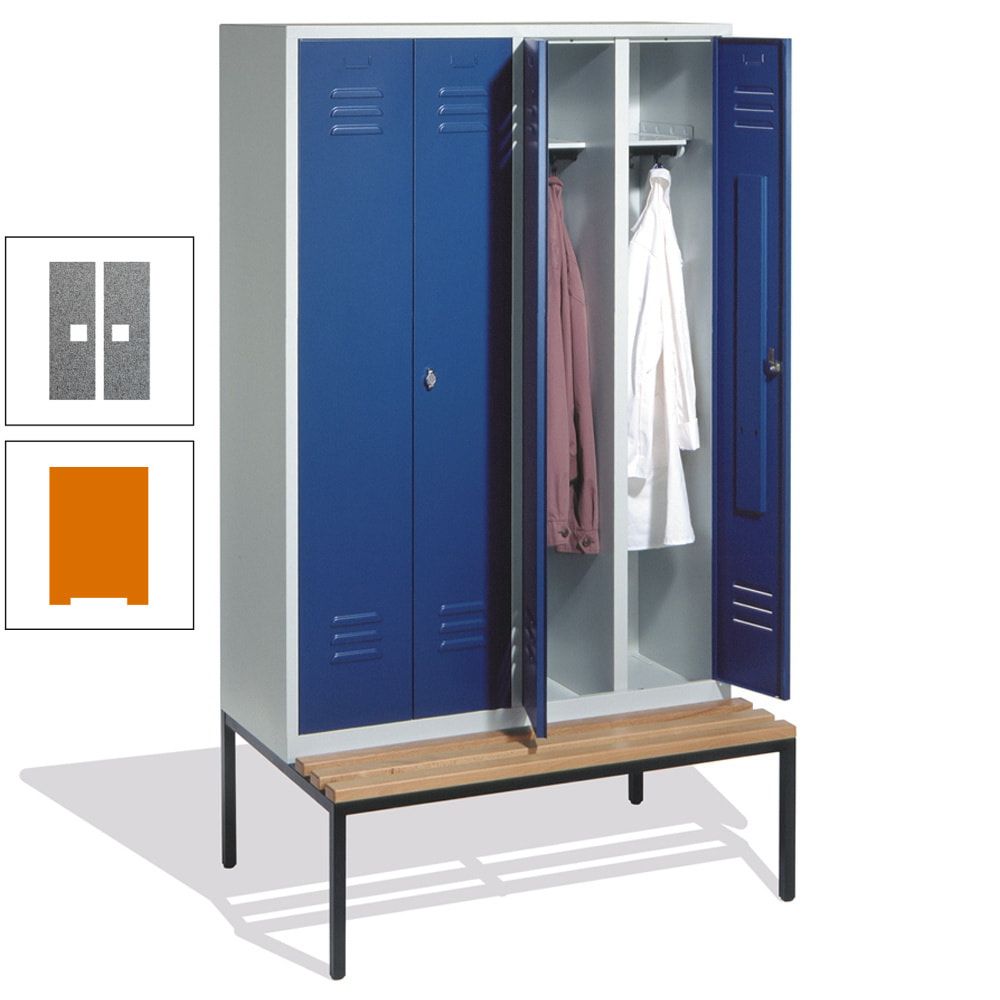 Doppel-Spindschrank, Buche Sitzbank untergebaut, 4 Abteile a 300 mm, Korpus lichtgrau, Tür anthrazitgrau, 2.090 x 1.190 x 815 mm (HxBxT)