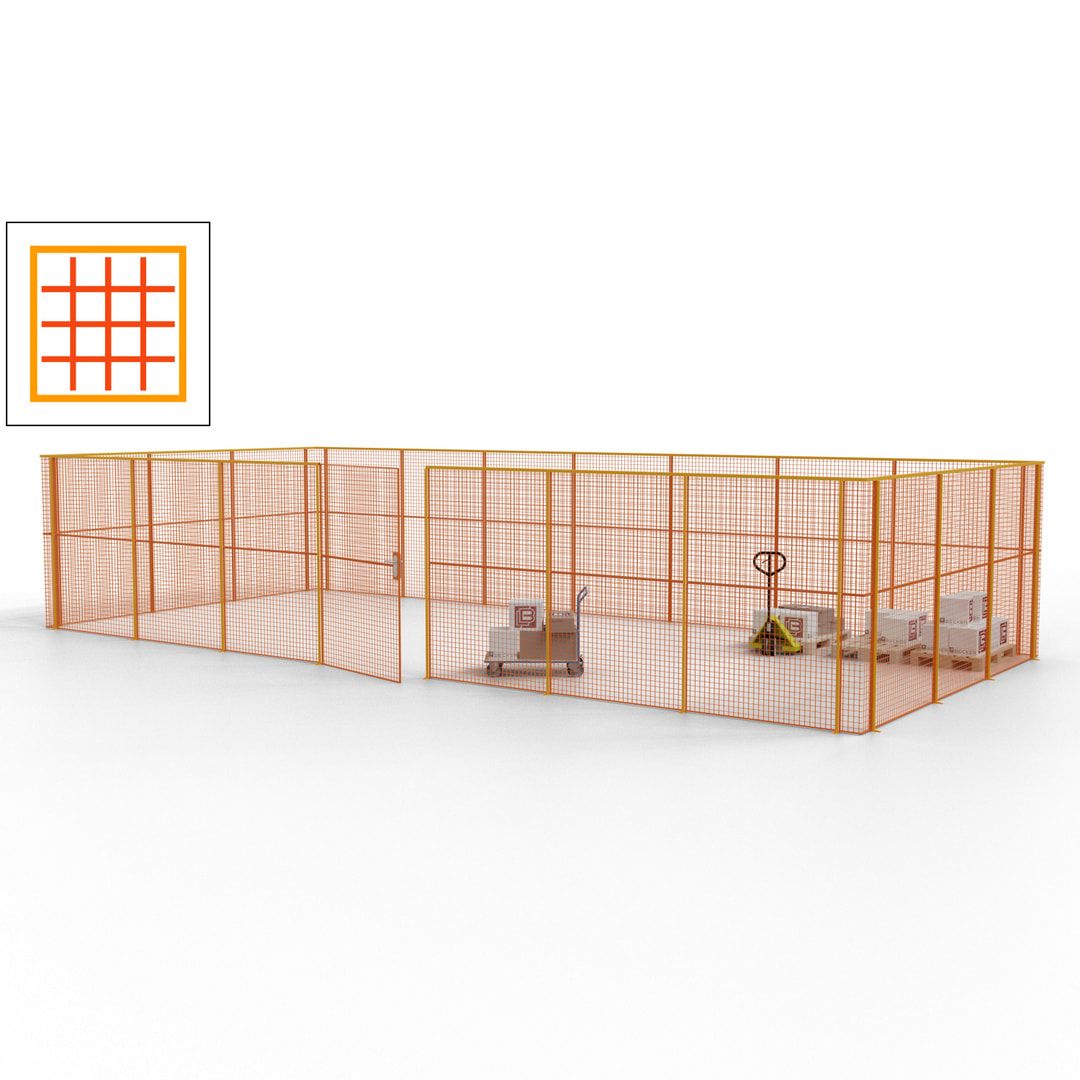 Hallentrennwand - Flügeltür, Gitter - 19 Gitterwände - 2.200 x 10.900 x 4.900 mm (HxBxT) - Perlweiß/reinorange