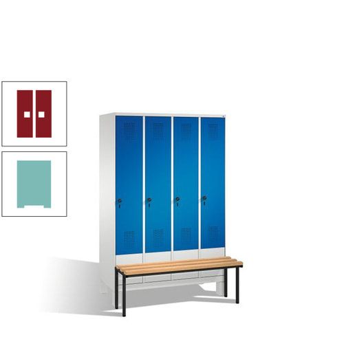 Stahl-Garderobenschrank, Spind, Buche Sitzbank vorgebaut, 4 Abteile a 300 mm, Korpus Lichtgrün, Tür Schwefelgelb, 1.850 x 1.200 x 815 mm (HxBxT)