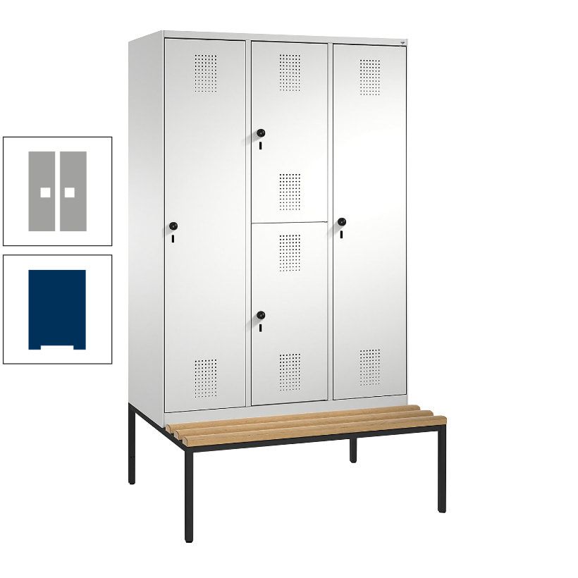 Garderobenschrank, Spind ein- und doppelstöckig Sitzbank, 3 Abteile, 4 Fächer, 2.090x1.200x500 mm (HxBxT), Front anthrazitgrau, Korpus anthrazitgrau
