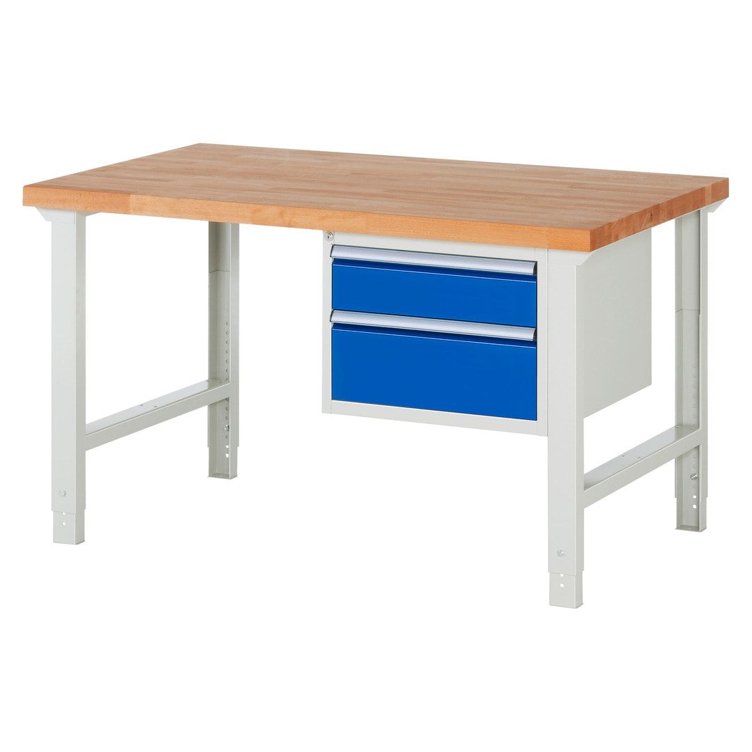 Werkbank - 2 Schubladen - Teilauszug - 150:1 / 210:1 - Höhe 790-1.140 mm - 1.500 x 900 mm (BxT) - 750 kg - Buche - Anthrazitgrau