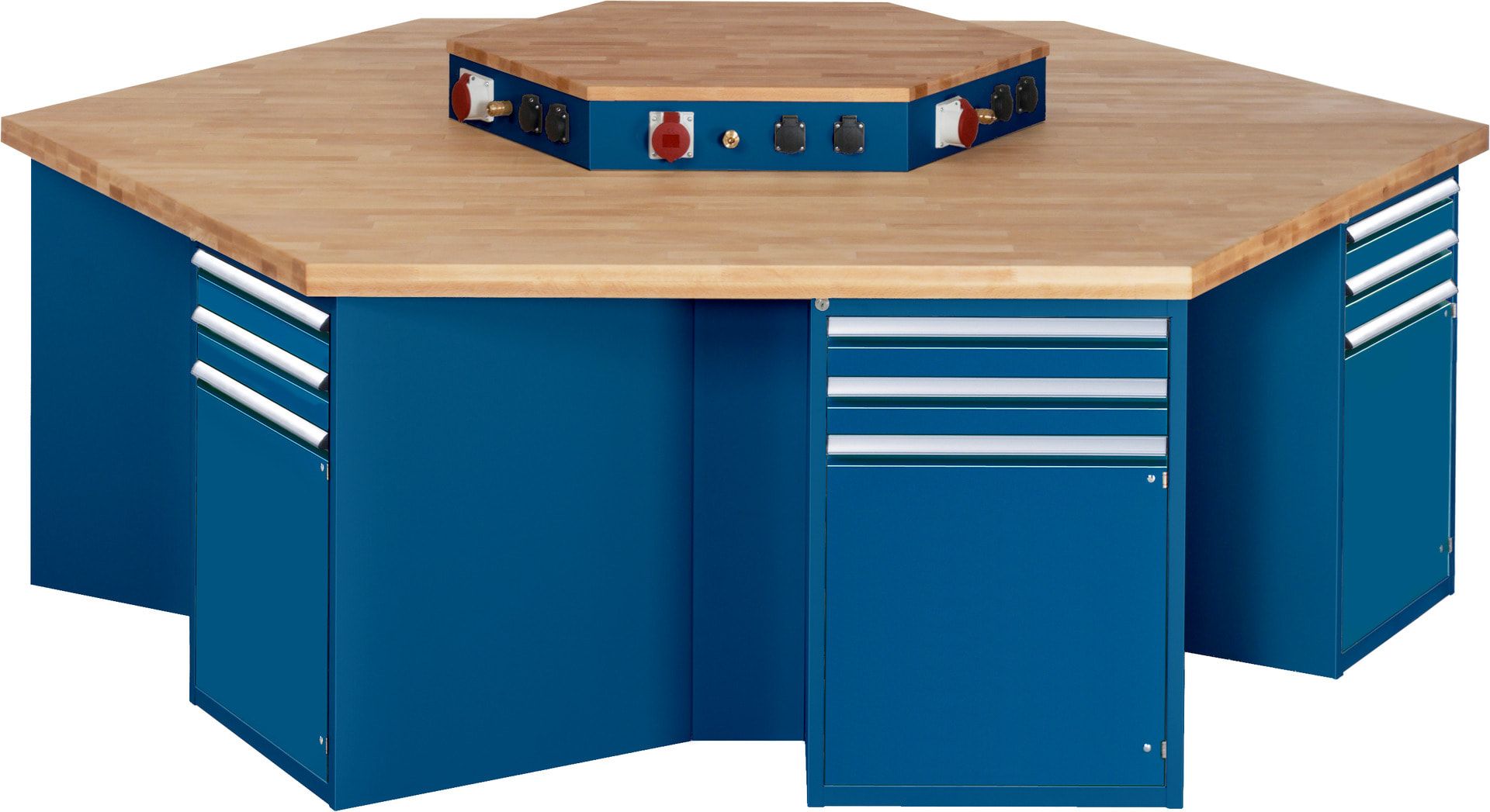Gruppenwerkbank, Buche, Höhe 840 mm, mit Energieaufsatz, Unterbau-Container, 2 Schubladen, 1 Tür, 1 Boden - Anthrazitgrau