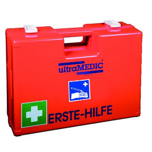ultraMEDIC Erste-Hilfe-Koffer, Verbandkasten, Baustelle, mit Füllsortiment, nach DIN 13157, Augenspülung, 300 x 430 x 145 mm (HxBxT), ABS, orange