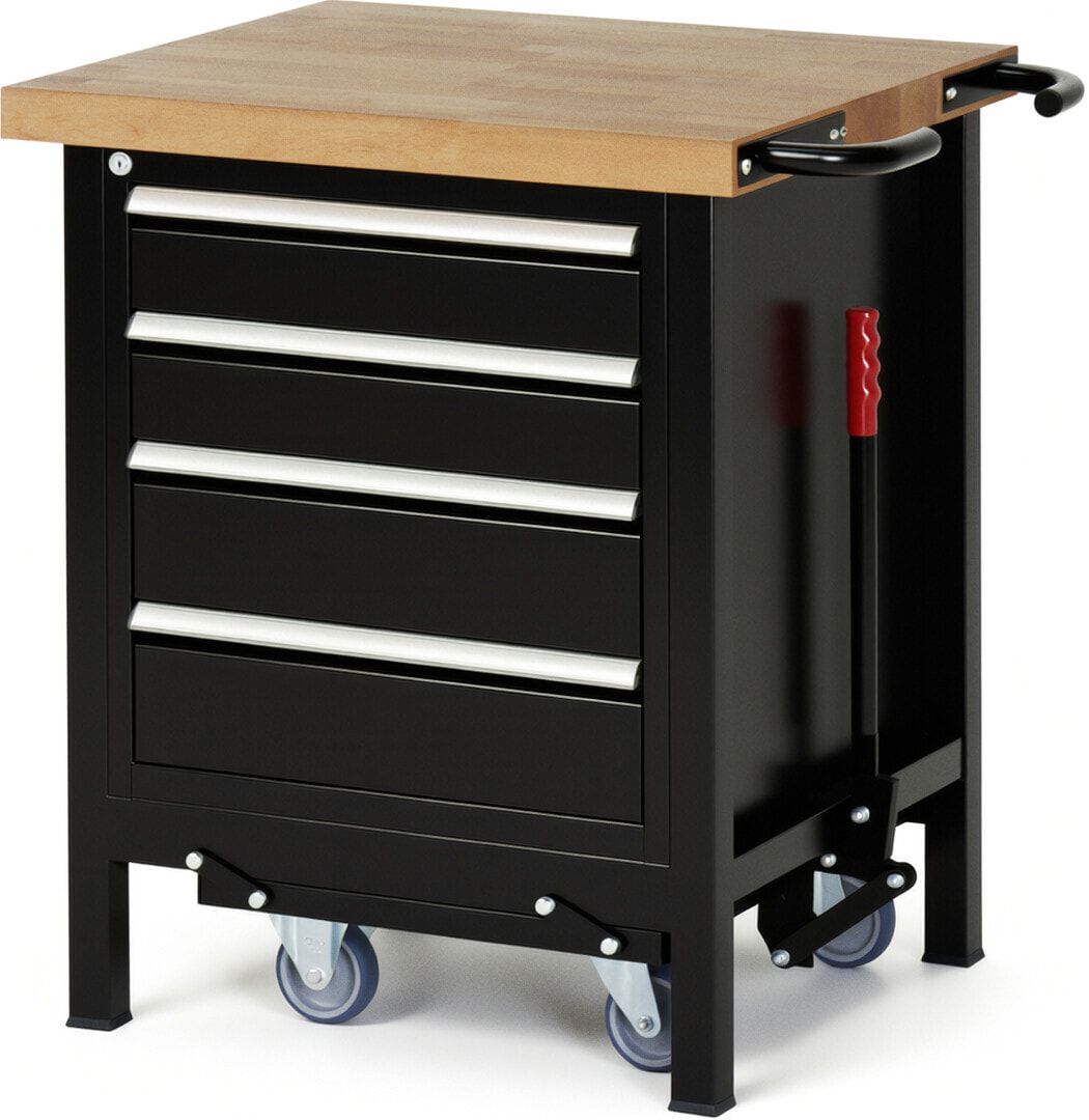 Mobile absenkbare Werkbank - 4 Schubladen - Teilauszug - 120:2 / 150:2 - 880 x 750 x 700 mm (HxBxT) - 1,25 t - Buche - Anthrazitgrau