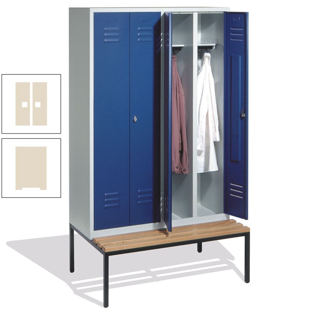 Doppel-Spindschrank, Buche Sitzbank untergebaut, 4 Abteile a 300 mm, Korpus lichtgrau, Tür anthrazitgrau, 2.090 x 1.190 x 815 mm (HxBxT)