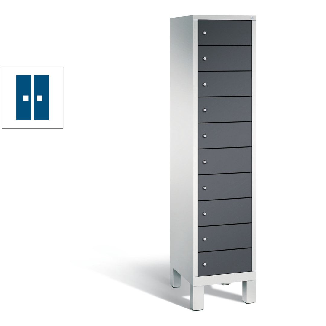 Laptopschrank, Tabletschrank, Computerschrank auf Füßen, 10 Fächer, 1.850 x 420 x 500 mm (HxBxT), Korpus gelborange, Tür anthrazitgrau