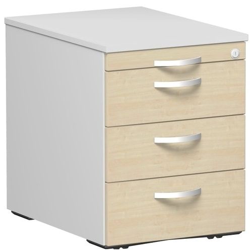 Rollcontainer, 3 Metallschubladen, Utensilienfach, Zentralverriegelung, 565 x 438 x 600 mm (HxBxT), Frontfarbe Ahorn, Korpusfarbe