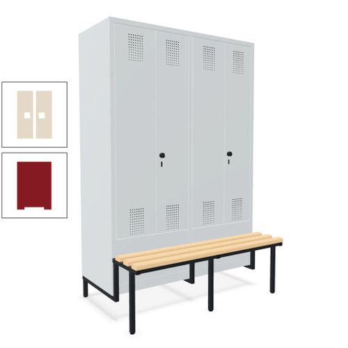 Doppel-Spind, Garderobenschrank, Buche Sitzbank integriert, 4 Abteile 300 mm, Korpus anthrazitgrau, Tür anthrazitgrau, 1.850 x 1.200 x 815 mm (HxBxT)