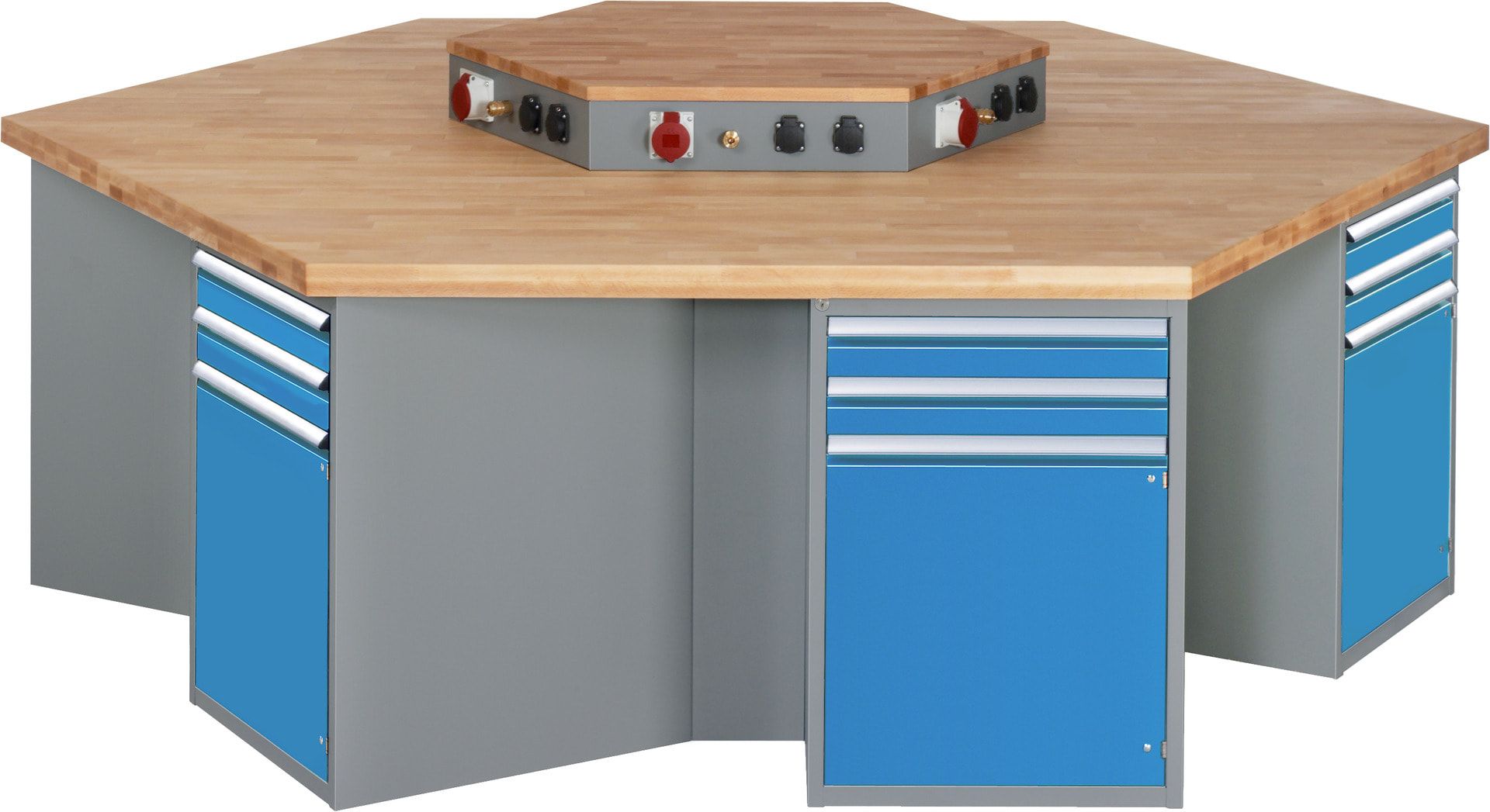 Gruppenwerkbank, Buche, Höhe 840 mm, mit Energieaufsatz, Unterbau-Container, 2 Schubladen, 1 Tür, 1 Boden - Anthrazitgrau