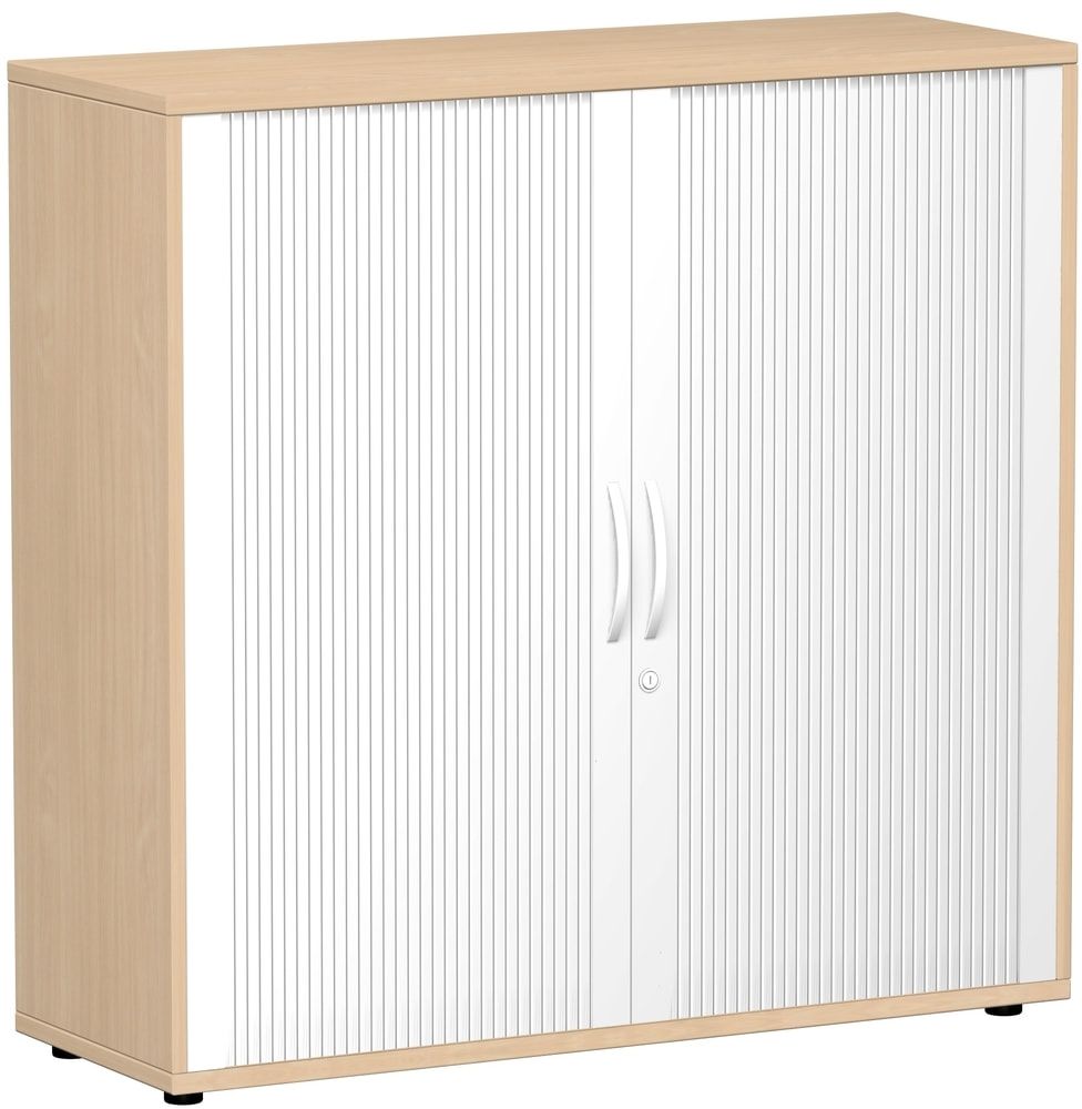 Querrollladenschrank, freistehend, 3 Ordnerhöhen, Schloss, Fachboden 32 mm Raster, 798 x 1.200 x 425 mm(HxBxT), Rollladen silber, Korpusfarbe Nussbaum