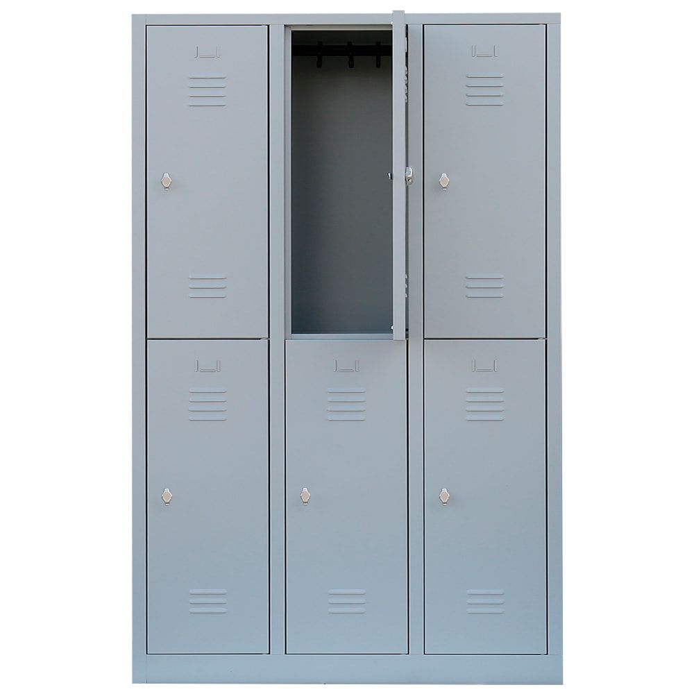 Garderobenschrank, Doppelstockspind, 3 Abteile, 6 Fächer, 1.800 x 1.185 x 500 mm (HxBxT), Stahl, Drehriegel, Korpus: lichtgrau, Front: anthrazitgrau