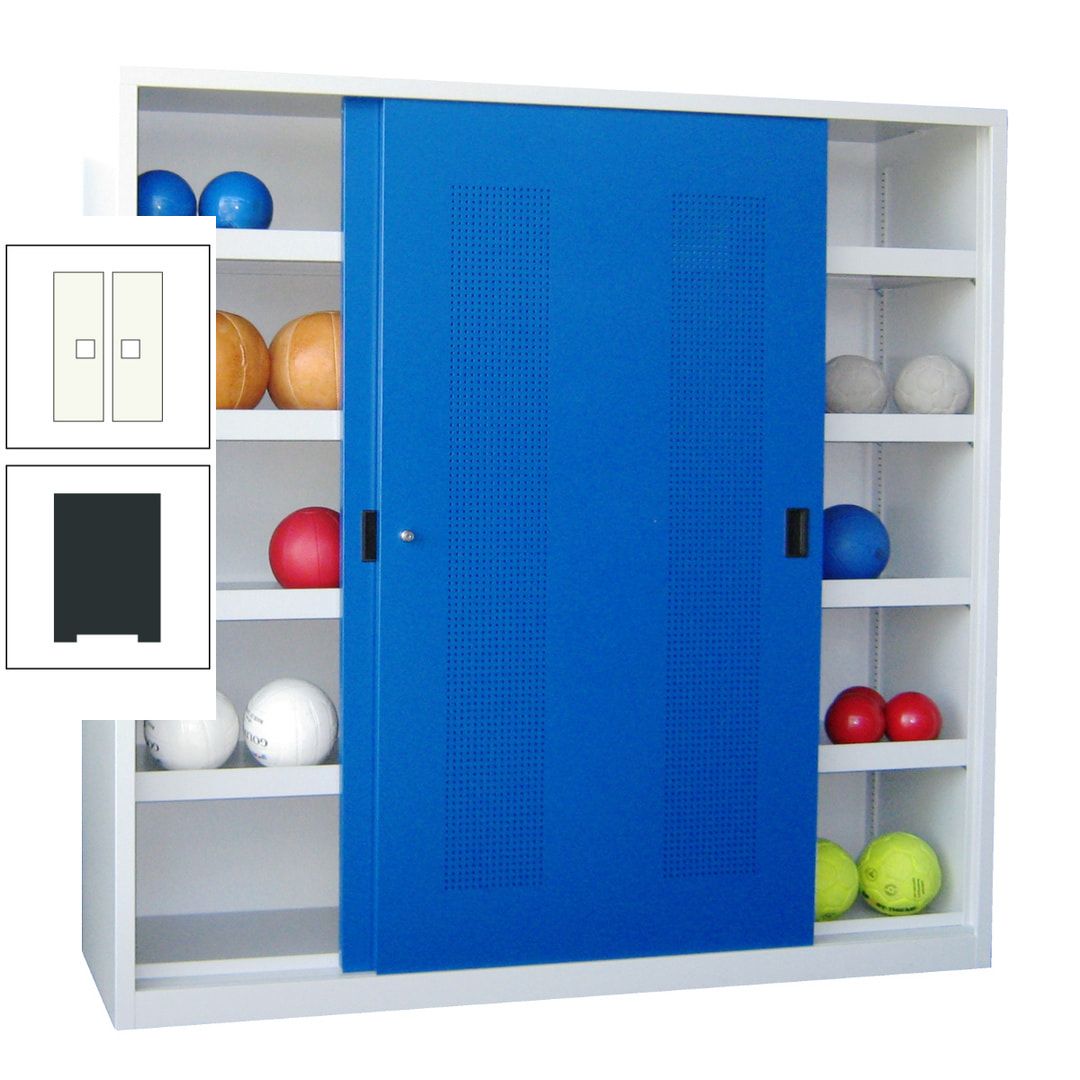 Ballschrank - Schiebetüren mit Lochfeld - Trennwand - 8 Böden - 1.950x2.000x600 mm (HxBxT) - anthrazitgrau