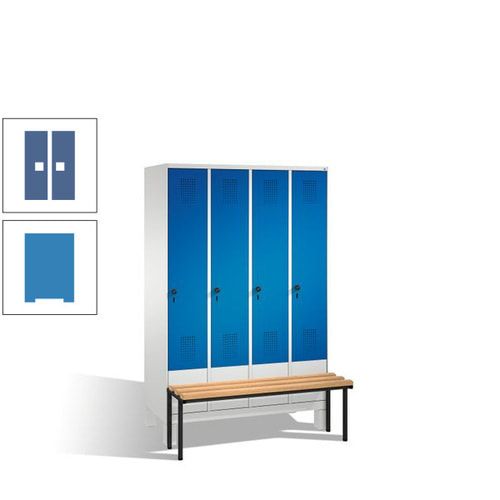 Stahl-Garderobenschrank, Spind, Buche Sitzbank vorgebaut, 4 Abteile a 300 mm, Korpus Lichtgrün, Tür Schwefelgelb, 1.850 x 1.200 x 815 mm (HxBxT)