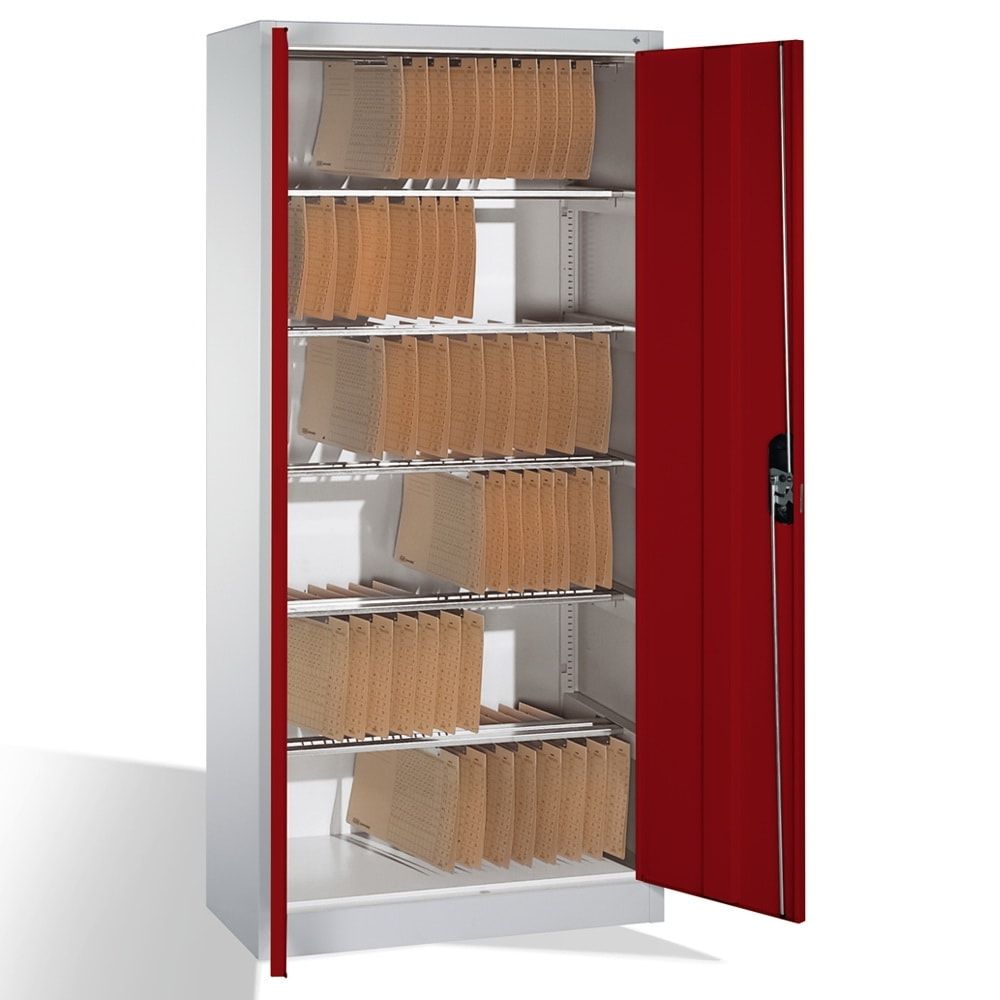 Büroschrank, Aktenschrank mit 6 Pendelstangen, für Elba/Leitz Pendelmappen, Korpusfarbe lichtgrau, Türfarbe enzianblau, 1.950 x 930 x 400 mm (HxBxT)