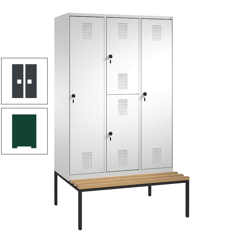 Garderobenschrank, Spind ein- und doppelstöckig Sitzbank, 3 Abteile, 4 Fächer, 2.090x1.200x500 mm (HxBxT), Front anthrazitgrau, Korpus anthrazitgrau