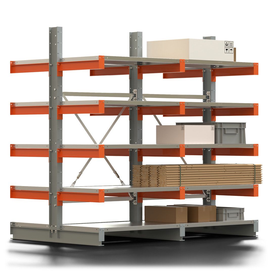 Doppelseitiges Kragarmregal mit Fachböden, 2 Felder, 2.000 x 2.000 (HxB), Nutztiefe 1.000 mm, Kragarmlast 450 kg, KARL basic, silbergrau/reinorange