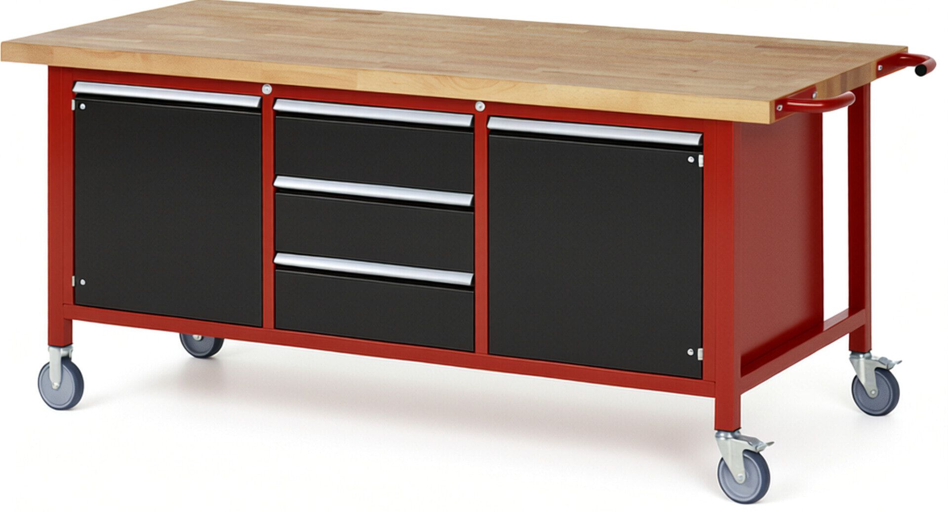 Mobile Werkbank, 2 Schränke - 3 Schubladen - Teilauszug - 180:3 - Höhe 880-1.080 mm - 2.000 x 900 mm - 450 kg - Buche - Anthrazitgrau
