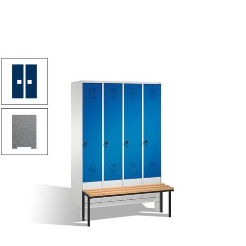 Stahl-Garderobenschrank, Spind, Buche Sitzbank vorgebaut, 4 Abteile a 300 mm, Korpus Lichtgrün, Tür Schwefelgelb, 1.850 x 1.200 x 815 mm (HxBxT)