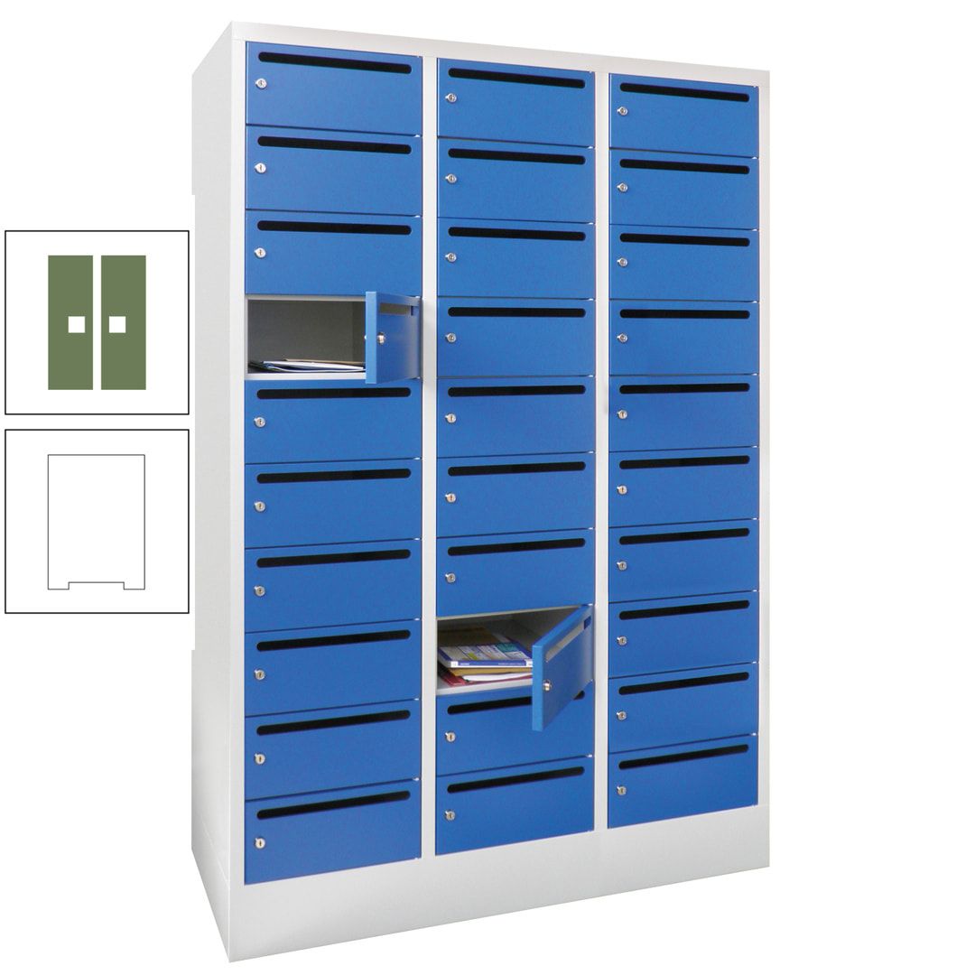 Postverteilerschrank, Schließfachschrank, 3 Abteile a 300 mm, 30 Fächer, 1.850 x 900 x 500 mm (HxBxT), Korpus anthrazitgrau, Front anthrazitgrau