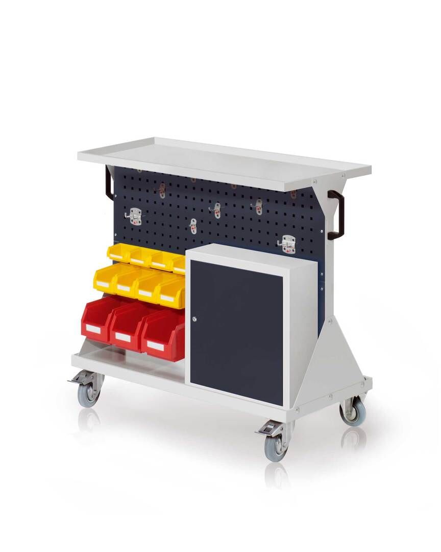 Mobiler Rollwagen, 2 Loch- und 2 Schlitzplatten, 10 Halter und 11 Sichtlagerkästen, Auflageboden, Schrank, 930 x 1.000 x 500 mm (HxBxT), Anthrazitgrau