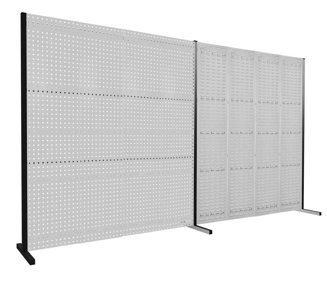 Modulare Trennwand, Werkzeugwand, Doppelfeld 180 Grad, 3 Loch- u. 3 Schlitzplatten, Plattenhöhe 1.500 mm, 2.000 x 3.000 mm (HxB), Anthrazitgrau