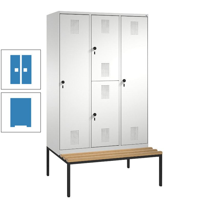 Garderobenschrank, Spind ein- und doppelstöckig Sitzbank, 3 Abteile, 4 Fächer, 2.090x1.200x500 mm (HxBxT), Front anthrazitgrau, Korpus anthrazitgrau