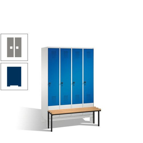 Stahl-Garderobenschrank, Spind, Buche Sitzbank vorgebaut, 4 Abteile a 300 mm, Korpus Lichtgrün, Tür Schwefelgelb, 1.850 x 1.200 x 815 mm (HxBxT)