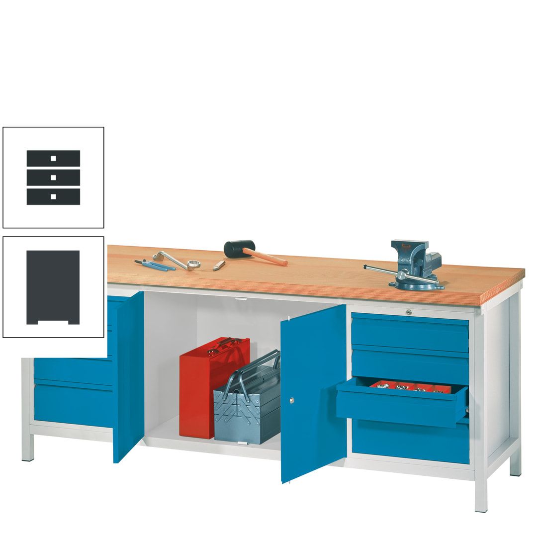 Werkbank mit Schubladenblöcken und Schrank - Traglast 1.400 kg - 900 x 2.000 x 700 (HxBxT) - anthrazitgrau