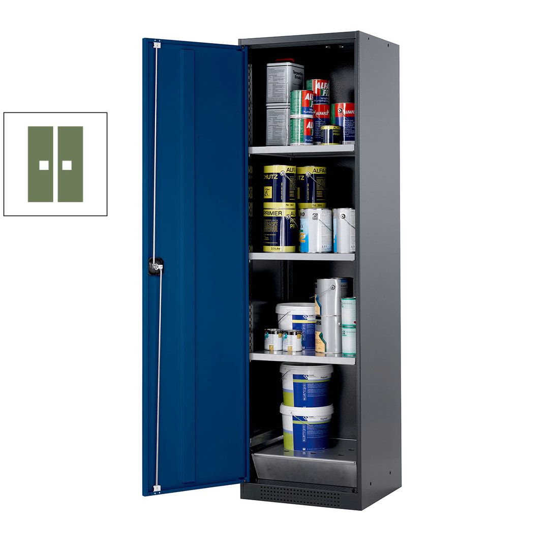 Chemikalienschrank - Flügeltür, enzianblau - Türanschlag links - 3 Fachböden - Gitterrost - 1.950 x 545 x 520 mm (HxBxT)
