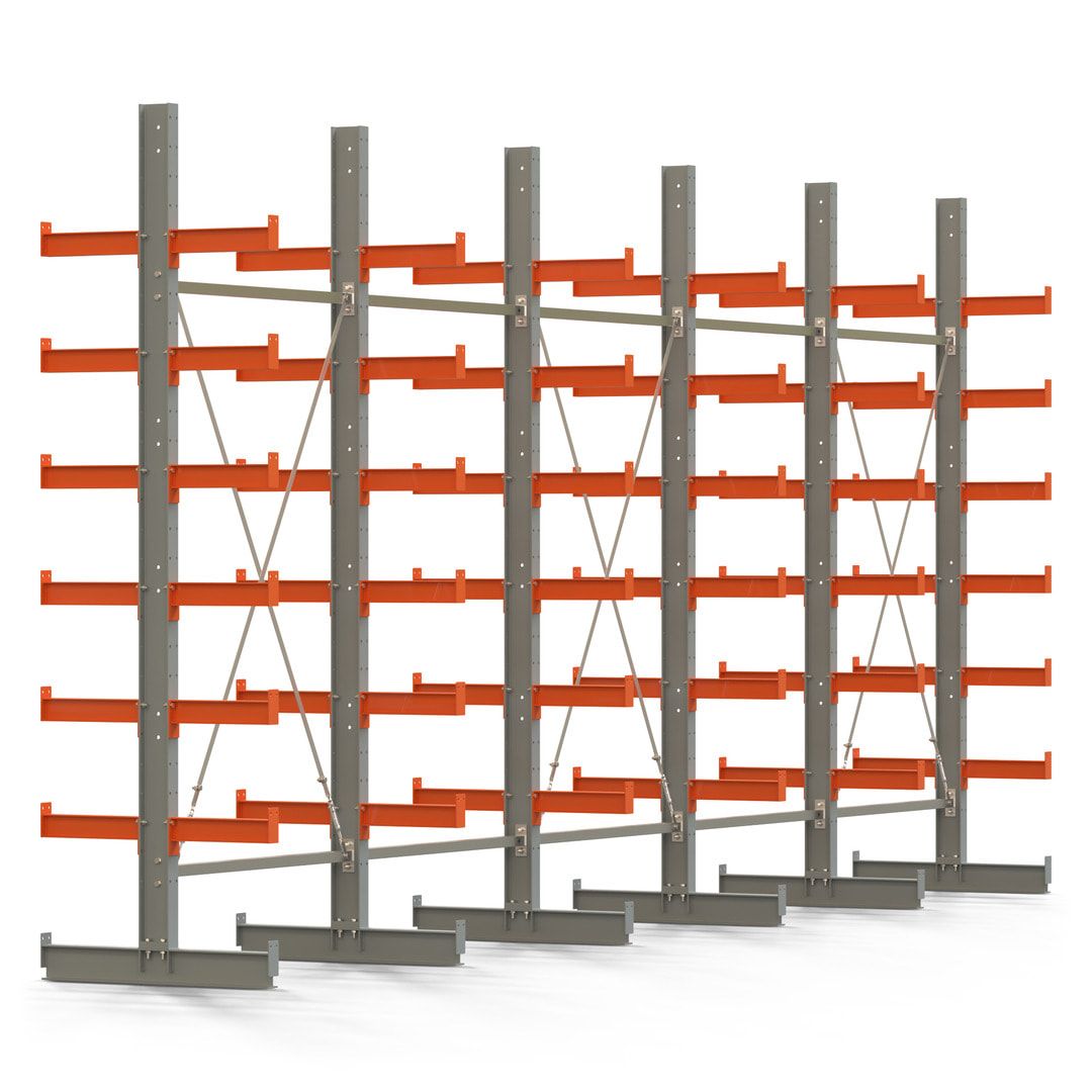 Doppelseitiges Kragarmregal, 2 Felder, 3.000 x 2.560 x 1.120 mm (HxBxT), Nutztiefe 500 mm, Kragarmlast 870 kg, KARL basic, silbergrau/reinorange