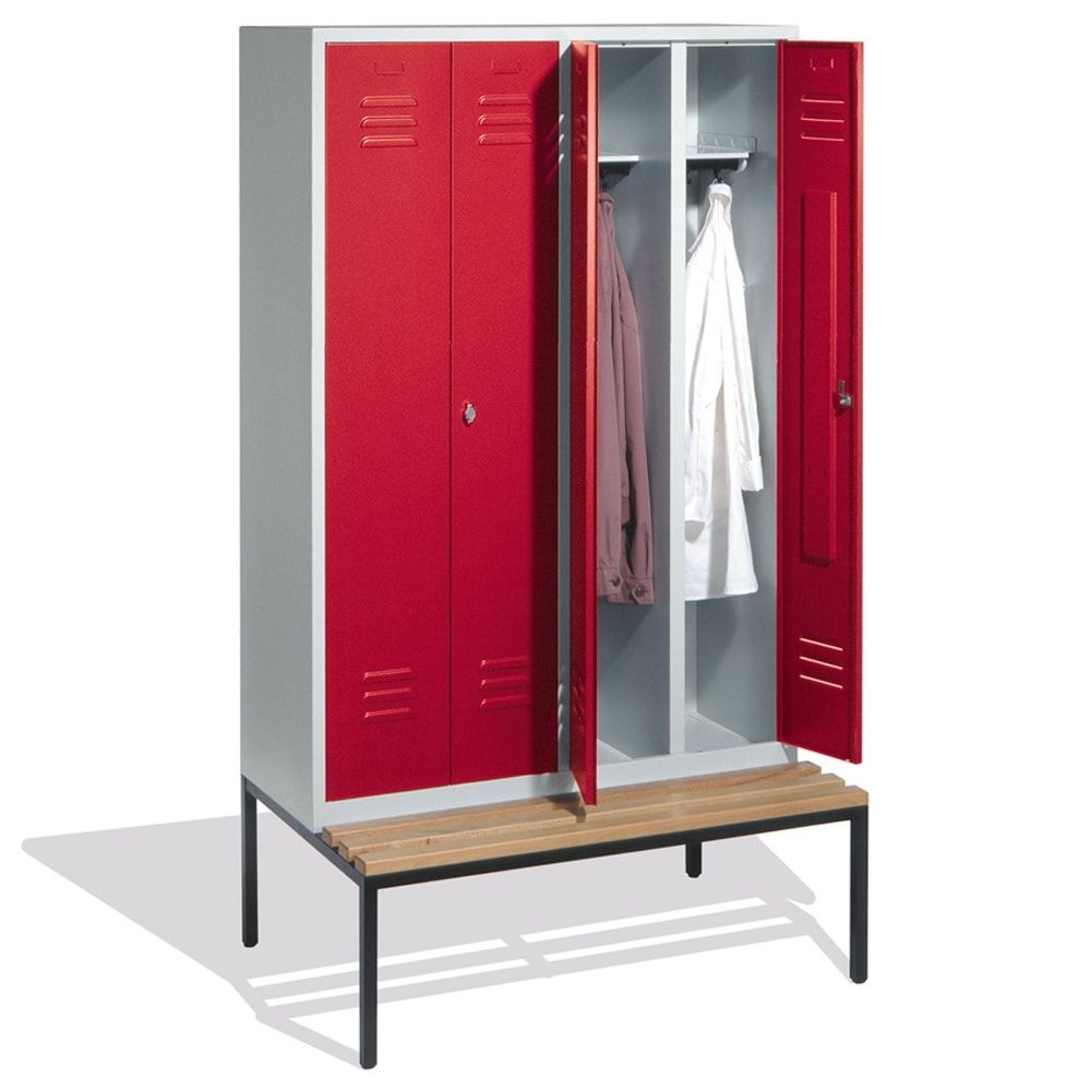 Doppel-Spindschrank, Buche Sitzbank untergebaut, 4 Abteile a 300 mm, Korpus lichtgrau, Tür anthrazitgrau, 2.090 x 1.190 x 815 mm (HxBxT)
