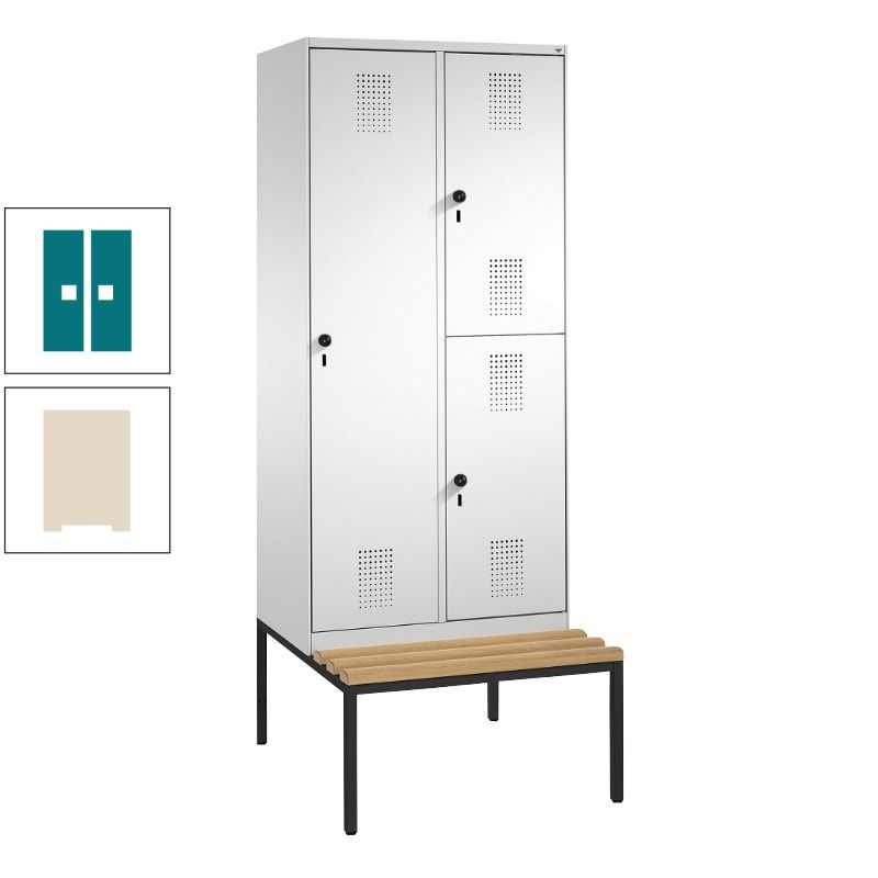 Garderobenschrank, Spind ein- und doppelstöckig Sitzbank, 2 Abteile, 3 Fächer, 2.090 x 800 x 500 mm (HxBxT), Front anthrazitgrau, Korpus anthrazitgrau