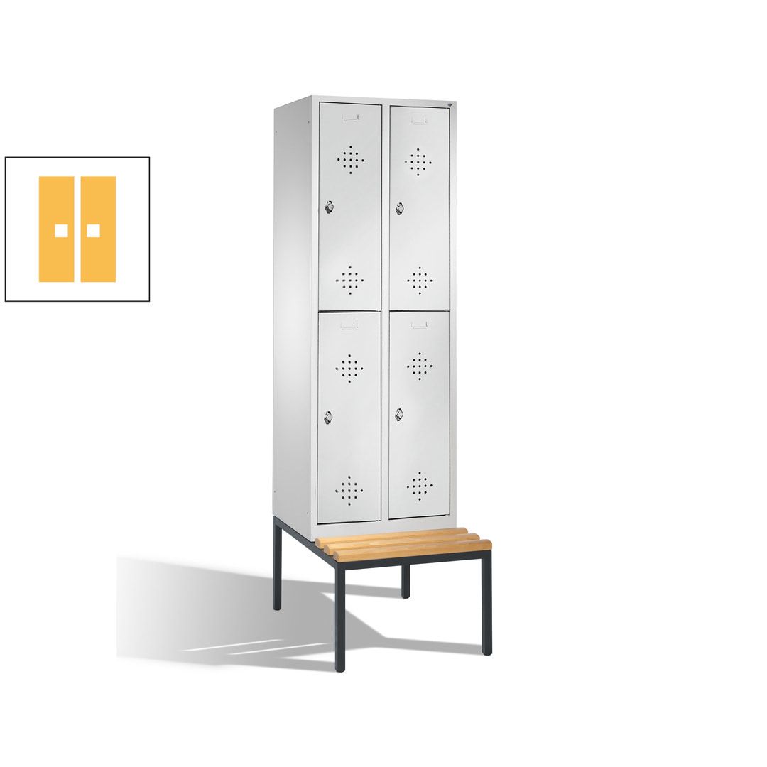 Garderobenschrank, Spind, 2 Abteile, 4 Fächer, 2.090 x 610 x 815 mm (HxBxT), Hartholz Sitzbank untergebaut, Korpus weißaluminium, Türen anthrazitgrau