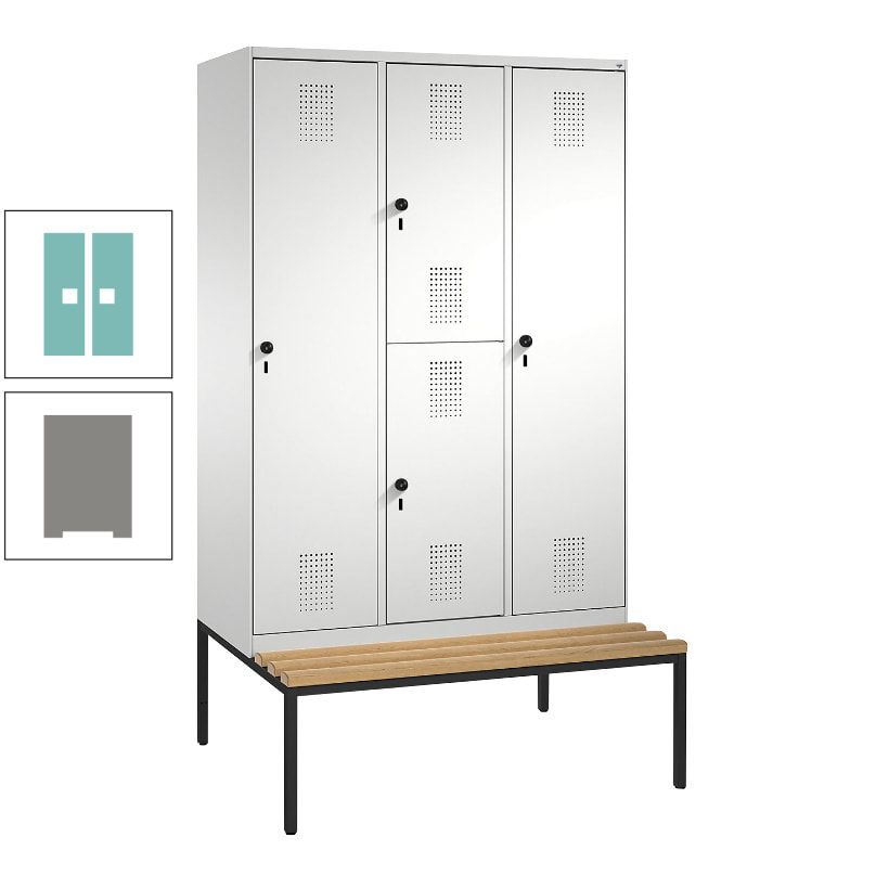 Garderobenschrank, Spind ein- und doppelstöckig Sitzbank, 3 Abteile, 4 Fächer, 2.090x1.200x500 mm (HxBxT), Front anthrazitgrau, Korpus anthrazitgrau