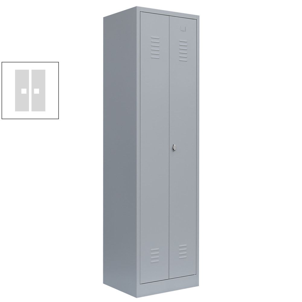 Geräteschrank, Mehrzweckschrank, 2 Abteile, 1.800 x 600 x 500 mm (HxBxT), Drehriegel, Kleiderstange, Stahl, Korpus: lichtgrau, Front: enzianblau