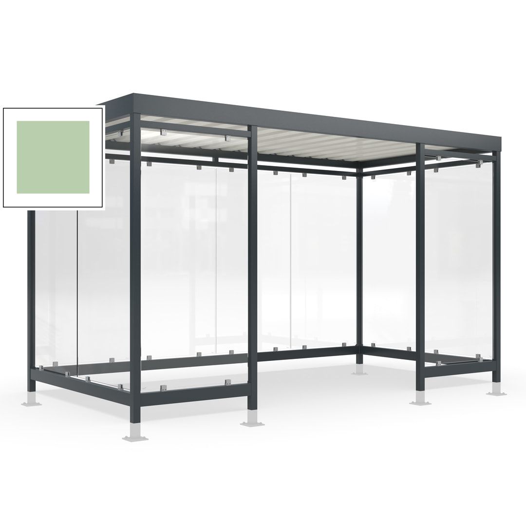 Raucherunterstand für 12-13 Personen, Bushaltestelle, mit Überpflasterung, 2.440 x 4.195 x 2.165 mm (HxBxT), 10 Wände, Achatgrau