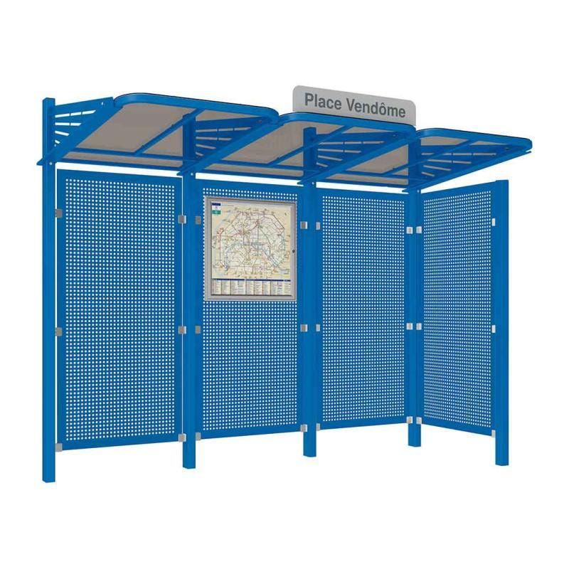 Buswartehalle - Unterstand - Stahlblech Verkleidung rechts - Fahrplankasten - Haltestellenschild - 2.200 x 3.000 x 1.500 mm (HxBxT) - enzianblau