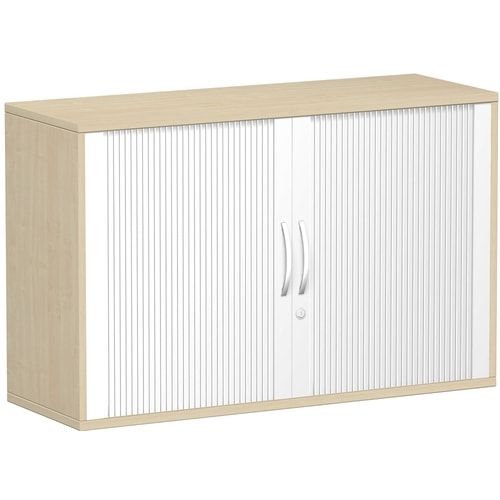 Anstell-Querrollladenschrank, 2 Ordnerhöhen, Schloss, Bogengriff,1 Fachboden, 720 x 1.200 x 425 mm(HxBxT), Rollladen silber, Korpusfarbe Nussbaum