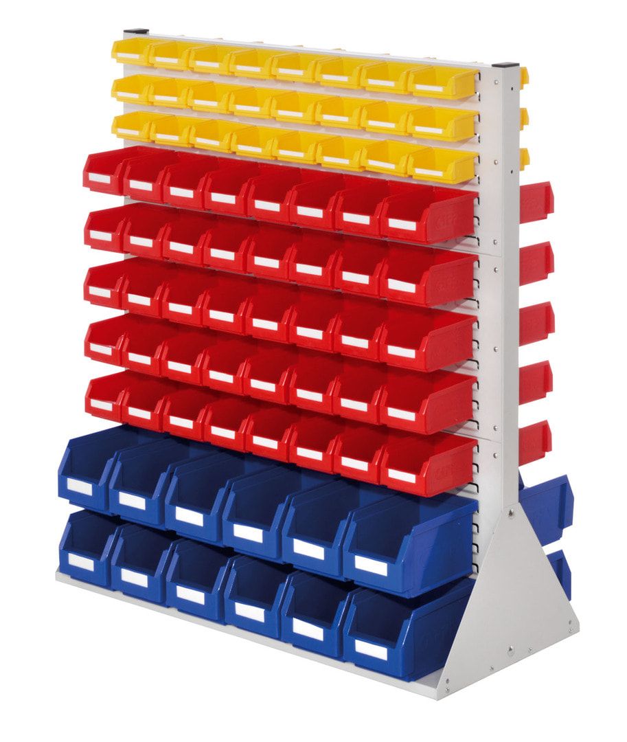 Stationäre Regalwand - Schlitzwand für Sichtlagerkästen - beidseitig - mit 140 Kästen bestückt - 1.100 x 1.000 x 430 mm (HxBxT)