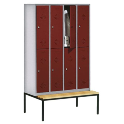 Garderobenschrank, Spind, 4 Abteile 8 Fächer, 2.090 x 1.190 x 815 mm (HxBxT), Hartholz Sitzbank untergebaut, Korpus anthrazitgrau, Türen anthrazitgrau